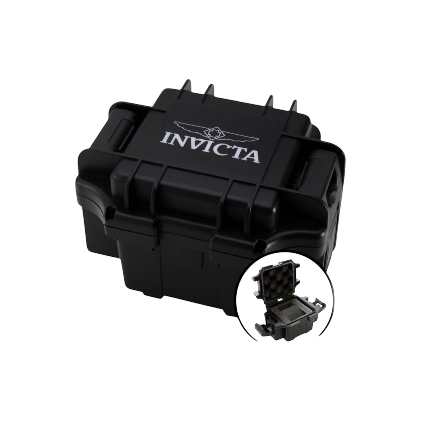 Estuche negro Invicta Dive Impact para 1 reloj, con interior acolchado y cierre seguro.