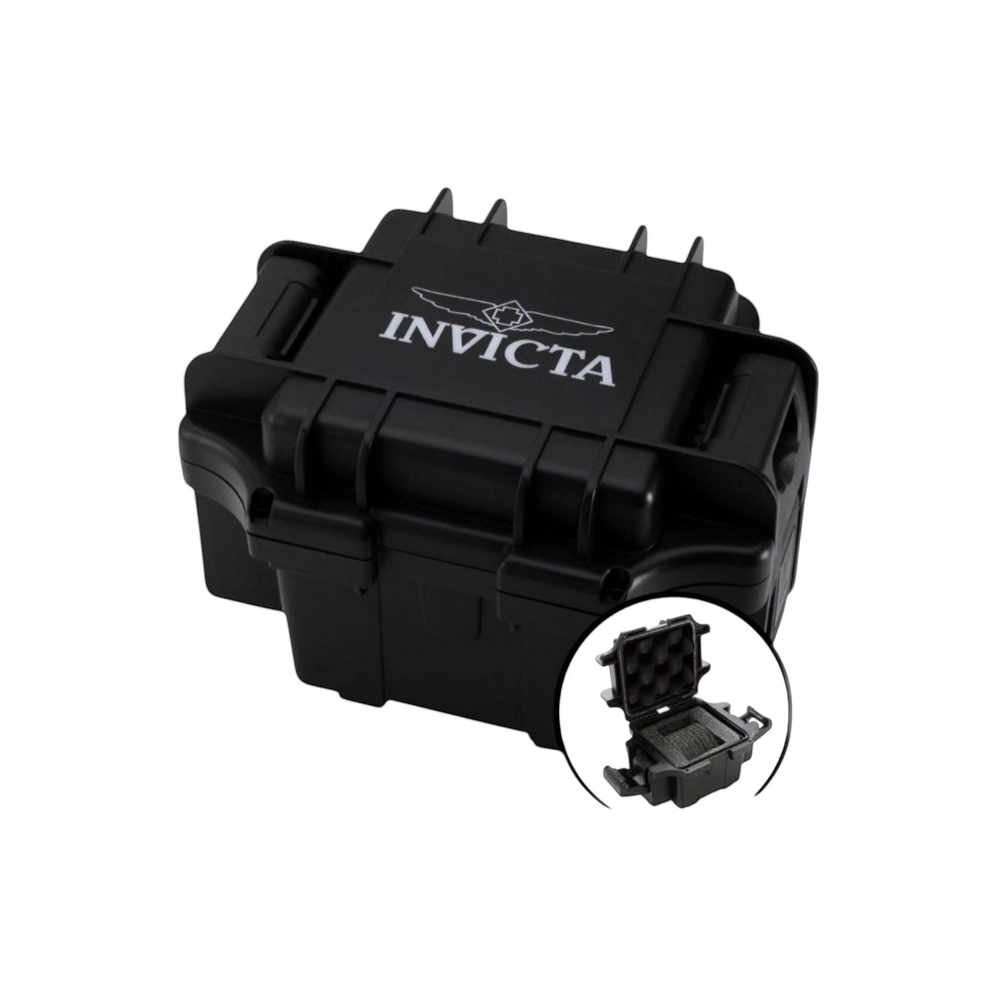 Estuche negro Invicta Dive Impact para 1 reloj, con interior acolchado y cierre seguro.